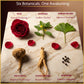 Six hero botanicals in DESIRE formula displayed on marble: rose, damiana, ginkgo biloba, maca root, asian ginseng, and bioperine black peppercorns