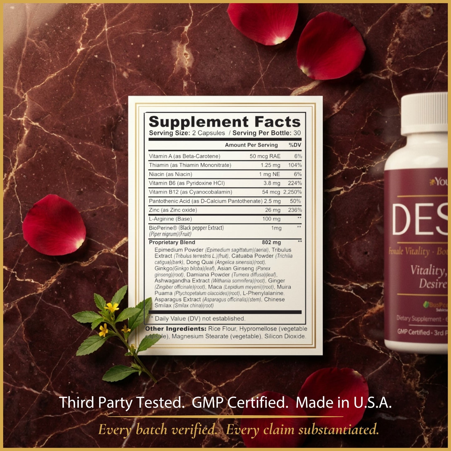 YouRenew DESIRE supplement facts panel showing complete ingredient list with vitamins, L-arginine, BioPerine, and proprietary botanical blend