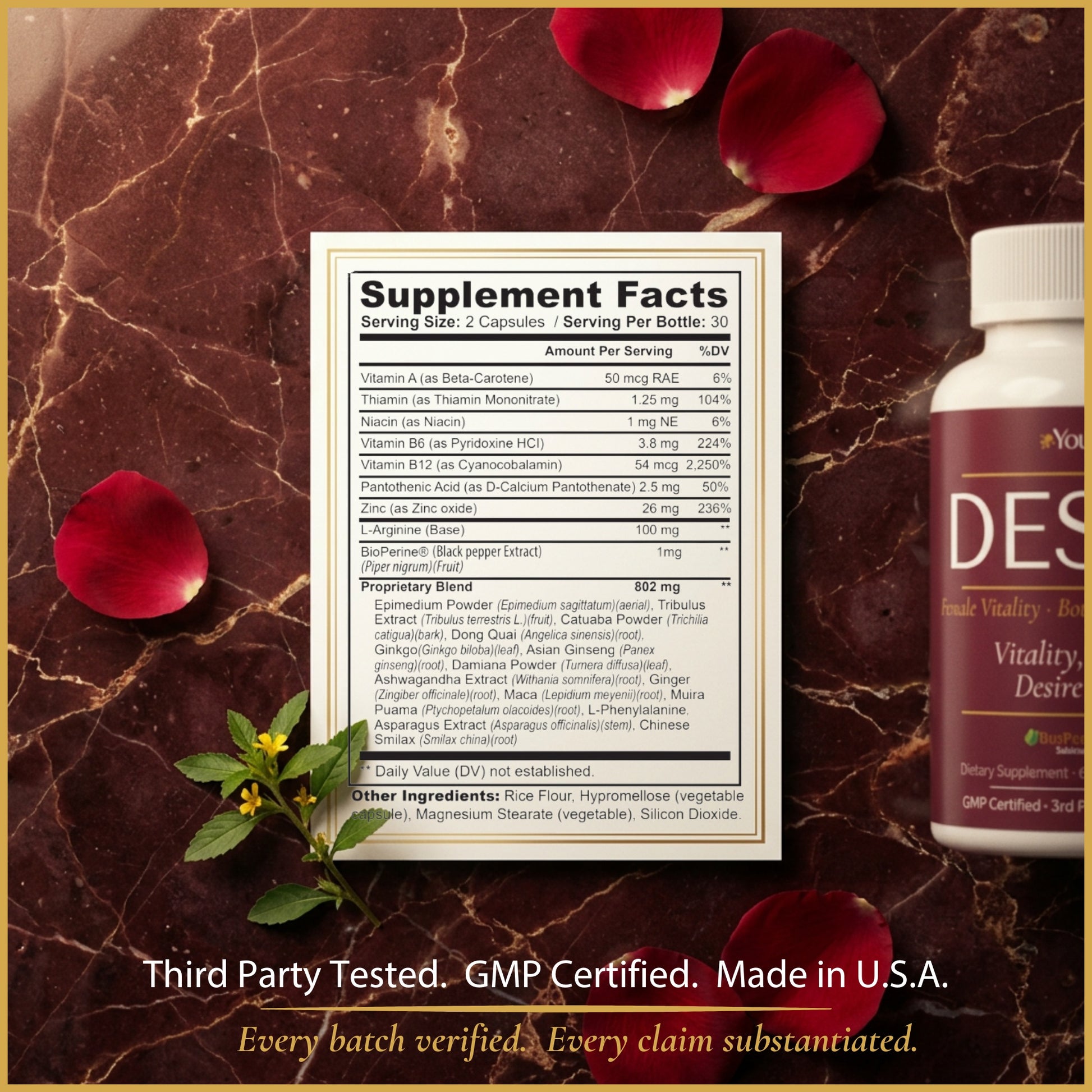 YouRenew DESIRE supplement facts panel showing complete ingredient list with vitamins, L-arginine, BioPerine, and proprietary botanical blend